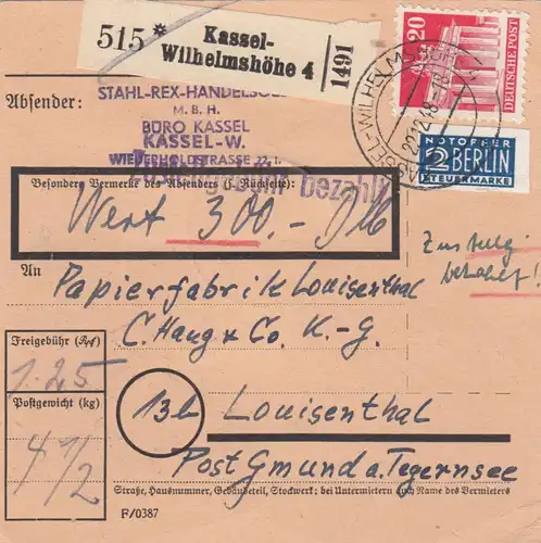 BiZone Paketkarte 1948: Kassel-Wilhelmshöhe nach Louisenthal, Selbstbucher