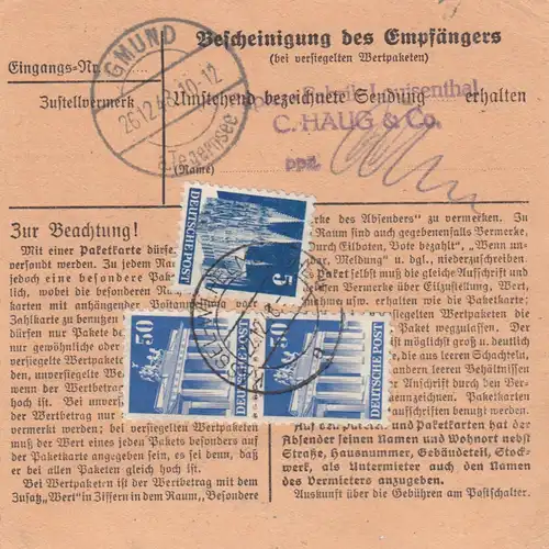 BiZone Paketkarte 1948: Kassel-Wilhelmshöhe nach Louisenthal, Selbstbucher