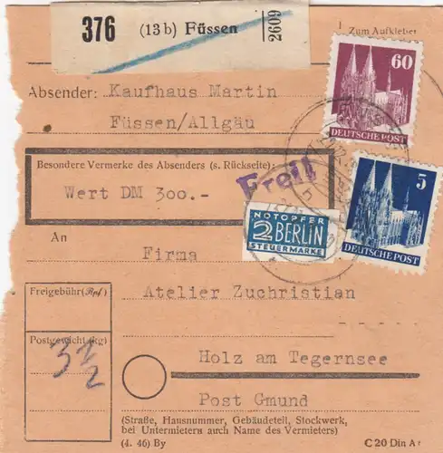 BiZone Paketkarte 1948: Füssen, Kaufhaus Martin, nach Holz, Notopfer