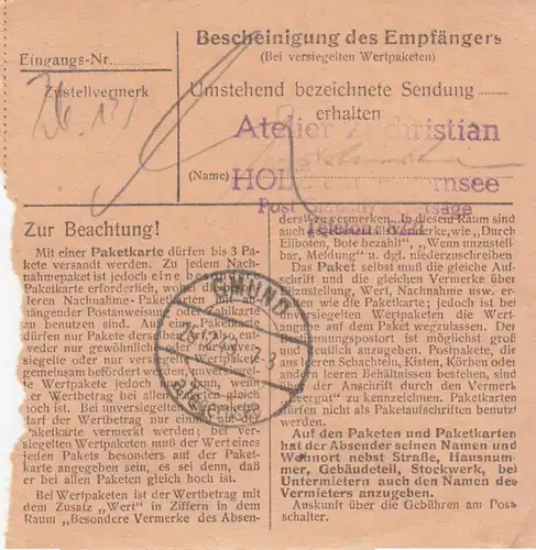 BiZone Paketkarte 1948: Füssen, Kaufhaus Martin, nach Holz, Notopfer