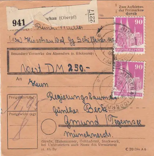 Carte de paquet BiZone 1948: Hirschau vers Gmund, valeur 250 FF