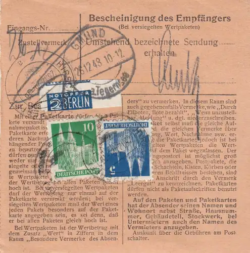BiZone Paketkarte 1948: Hirschau nach Gmund, Wert 250 DM