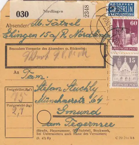 BiZone Paketkarte 1948: Ehingen / Nördlingen nach Gmund, Tegernsee