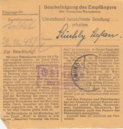 BiZone Paketkarte 1948: Ehingen / Nördlingen nach Gmund, Tegernsee