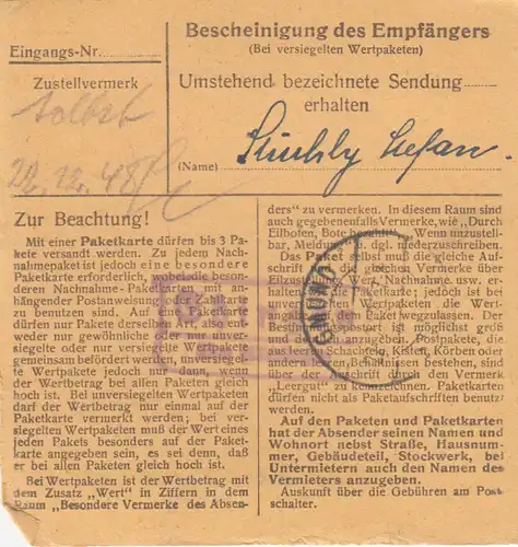 Carte de paquet BiZone 1948: Ehingen / Nördlingen vers Gmund, Tegernsee