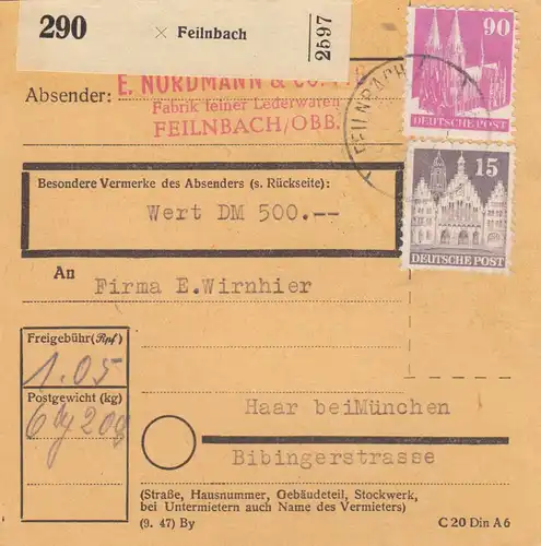 BiZone Paketkarte: Feilnbach, Lederwaren, nach Haar, Wert 500 DM
