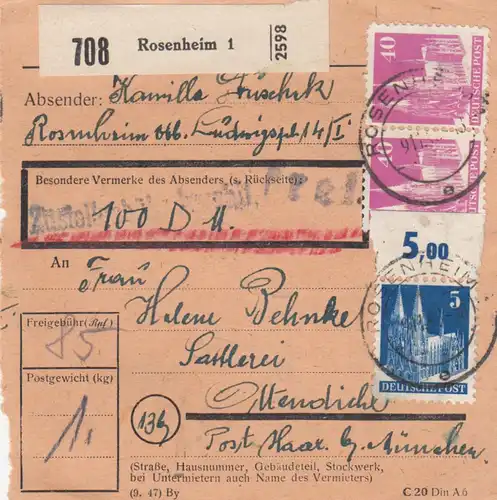 BiZone Carte de paquet 1948: Rosenheim vers Ottendihl, carte de valeur 100 FF
