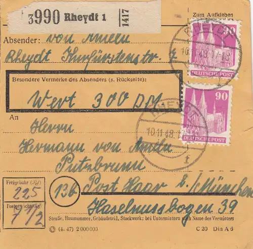BiZone Carte de paquet 1948: Rheydt par Putzbrunn, carte de valeur 300 FF