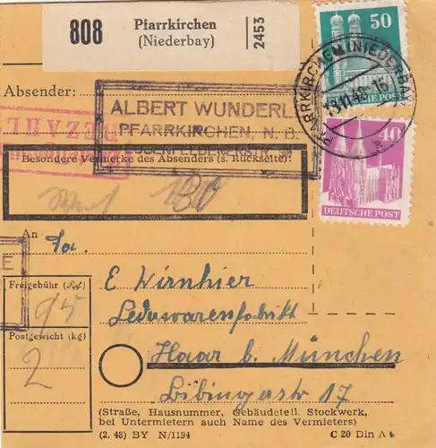 BiZone Paketkarte 1948: Pfarrkirchen nach Haar, Lederwarenfabrik, Wertkarte