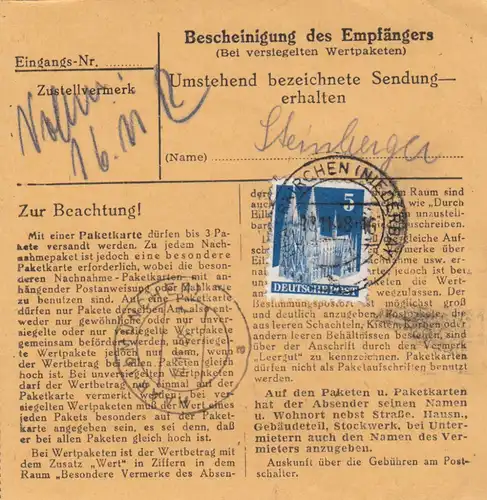 BiZone Paketkarte 1948: Pfarrkirchen nach Haar, Lederwarenfabrik, Wertkarte