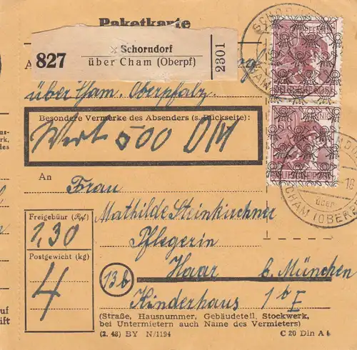 BiZone Carte de paquet 1948: Schorndorf sur Cham par cheveux, soin de la santé, carte de valeur