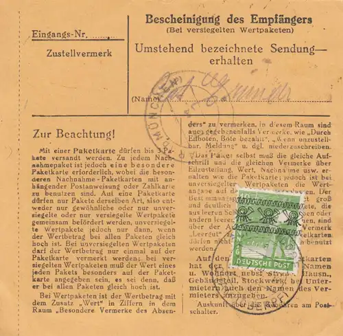 BiZone Paketkarte 1948: Schorndorf über Cham nach Haar, Pflegerin, Wertkarte