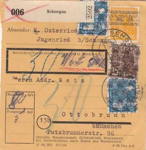 BiZone Paketkarte: Schongau/Ingenried nach Ottobrunn, Wertkarte, Nachgebühr