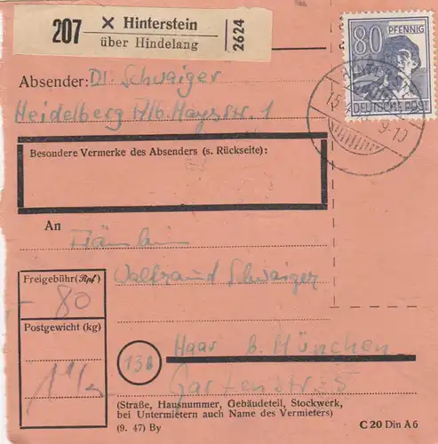 Carte de paquet 1948: Heidelberg sur la pierre arrière après les cheveux