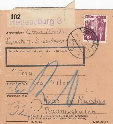 BiZone Paketkarte 1948: Regensburg nach Haar, Nachgebühr