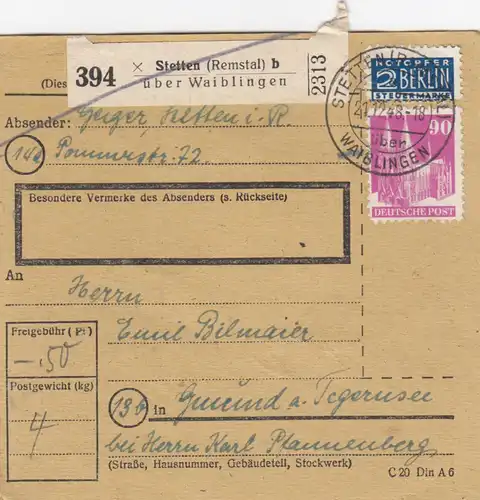 BiZone Paketkarte 1948: Stetten über Waiblingen nach Gmund am Tegernsee