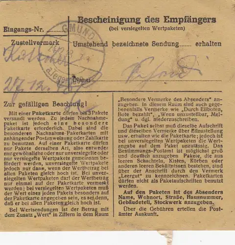 Carte de paquet BiZone 1948: Stetten au-dessus de Waiblingen à Gmund am Tegernsee