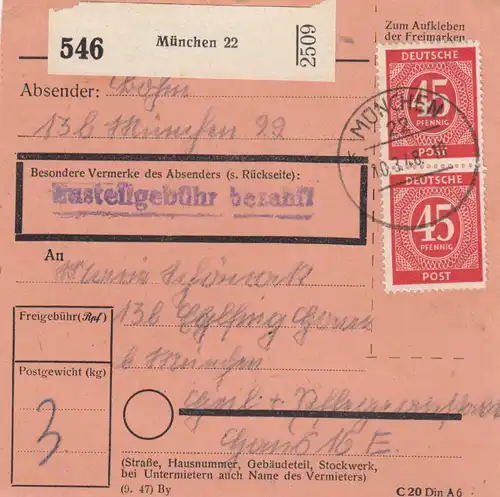 Carte de paquet 1948: Munich vers Eglfing, Heil- und Hübsanstalt