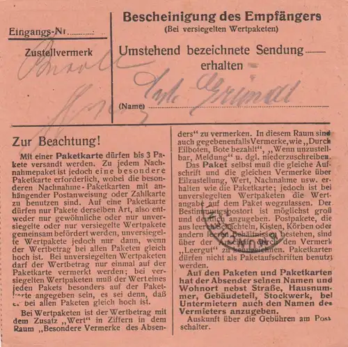 Carte de paquet 1948: Munich vers Eglfing, Heil- und Hübsanstalt