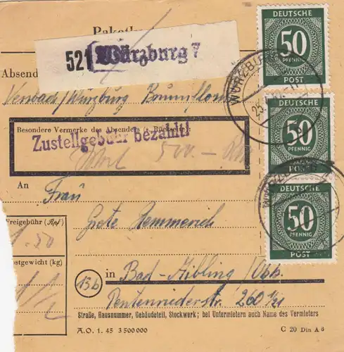 Carte de paquet 1947: Würzburg vers Bad-Aibling, carte de valeur
