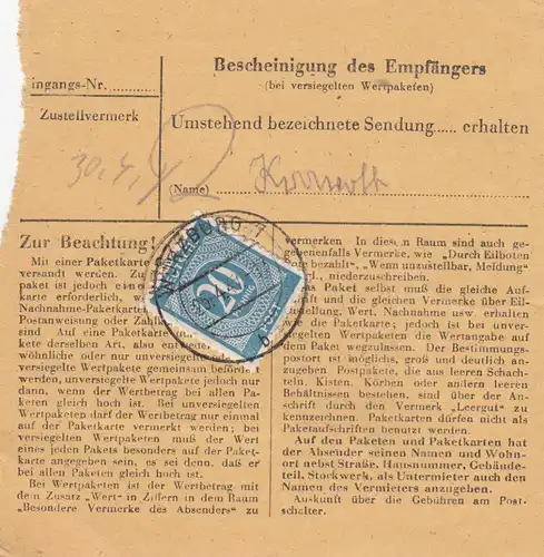 Carte de paquet 1947: Würzburg vers Bad-Aibling, carte de valeur