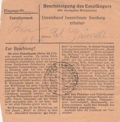 Paketkarte 1948: Schönfeld/Dollnstein nach Haar Eglfing