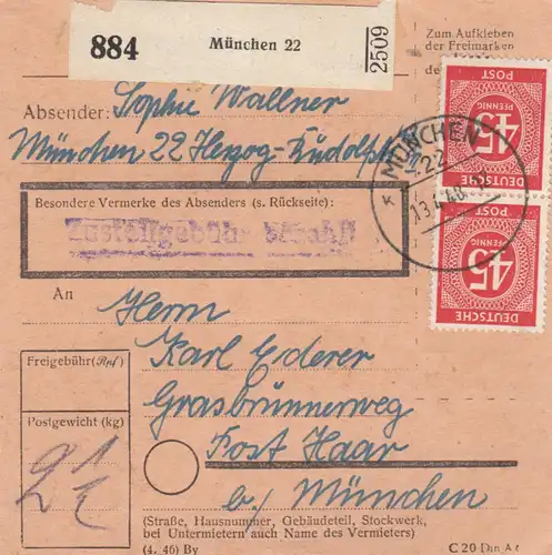 Paketkarte 1948: München 22 nach Post Haar