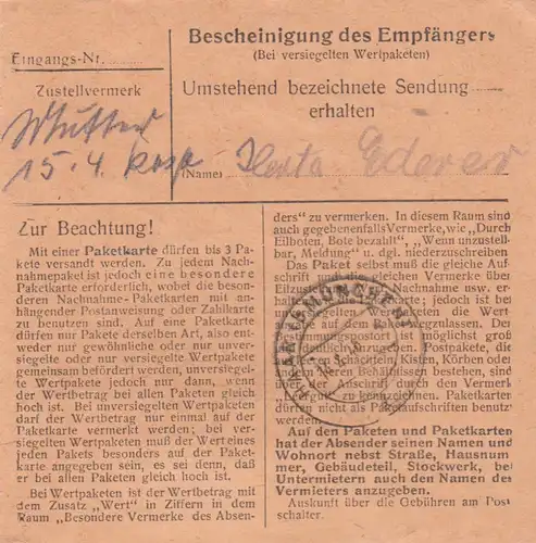 Paketkarte 1948: München 22 nach Post Haar
