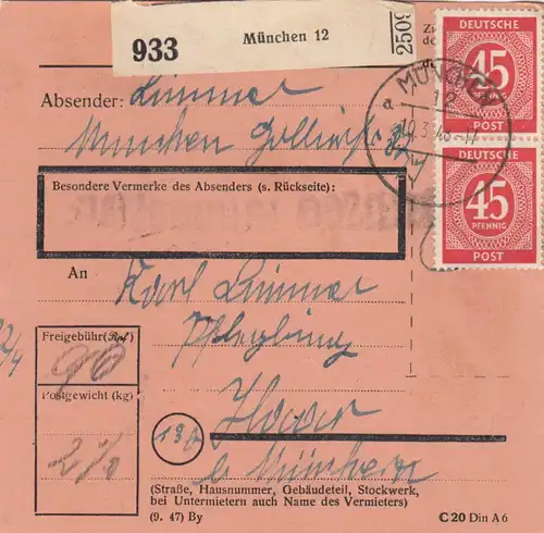 Carte de paquet 1948: Munich 12 après Haar b. Munich