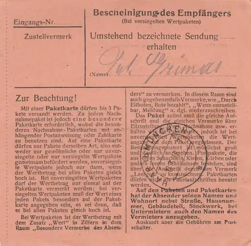 Paketkarte 1948: München 12 nach Haar b. München