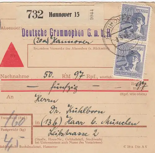 Paketkarte 1948: Hannover, Deutsche Grammophon, nach Haar, Nachnahme