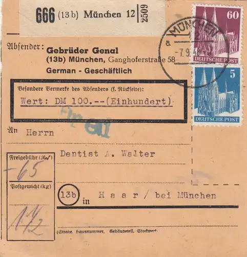 BiZone Carte de paquet 1948: Munich après Haar, Auto-bookeur, carte de valeur 100 FF