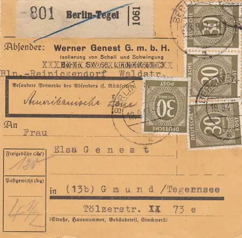 Paketkarte 1947: Berlin-Tegel nach Gmund, Selbstbucherkarte