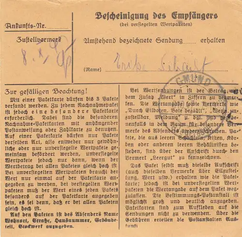 Paketkarte 1947: Berlin-Tegel nach Gmund, Selbstbucherkarte