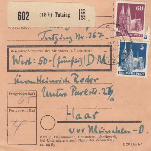 BiZone Paketkarte 1947: Tutzing nach Haar, Wertkarte