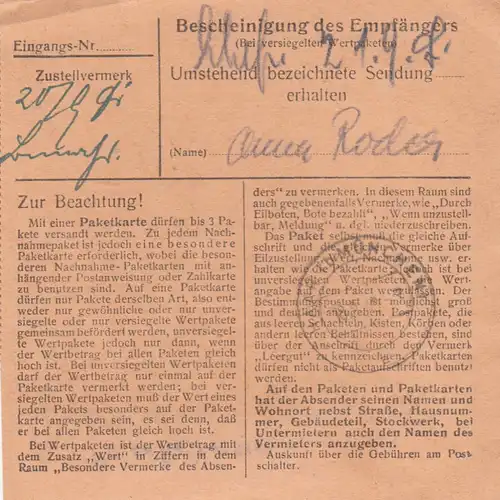 BiZone Paketkarte 1947: Tutzing nach Haar, Wertkarte