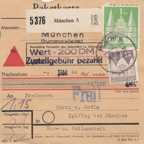 BiZone Paketkarte 1948: München nach Eglfing, Nachnahme, Wertkarte