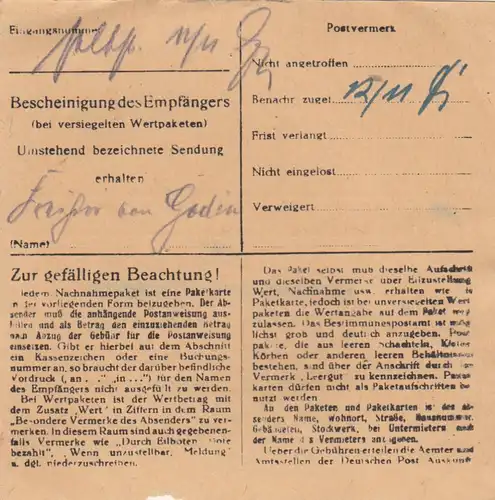 Carte de paquet BiZone 1948: Munich après Eglfing, Acceptation, Carte