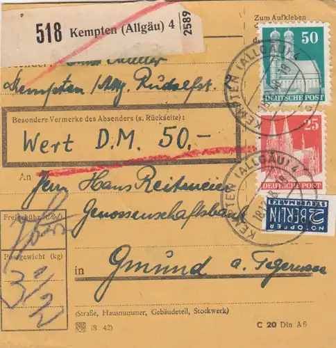 BiZone Paketkarte 1948: Kempten nach Gmund am Tegernsee, Wertkarte