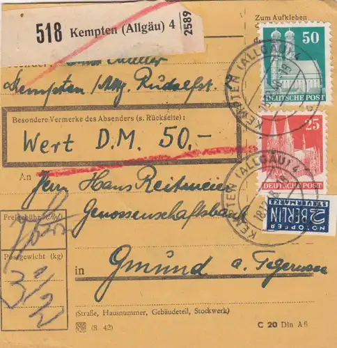 Carte de paquet BiZone 1948: Kempten vers Gmund am Tegernsee, carte de valeur