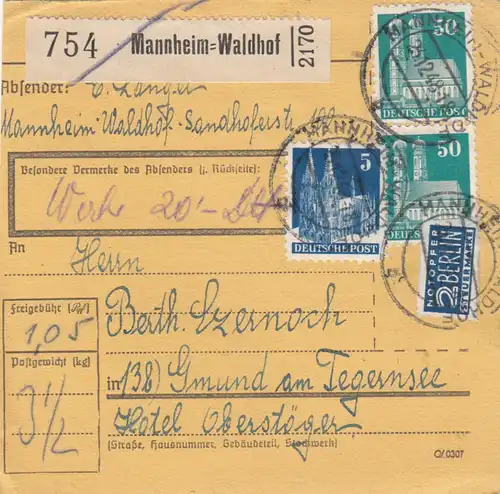 BiZone Paketkarte 1948: Mannheim Waldhof nach Gmund, Notopfer