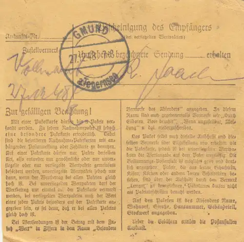 BiZone Paketkarte 1948: Mannheim Waldhof nach Gmund, Notopfer