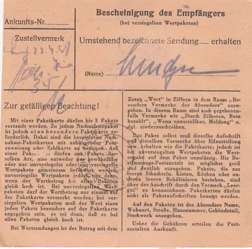 Paketkarte 1948: Altenmarkt nach Haar, Bahnlag., Selbstbucher, Wertkarte