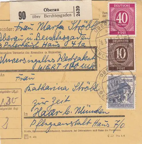 Paketkarte 1948: Oberau nach Haar, Wertkarte