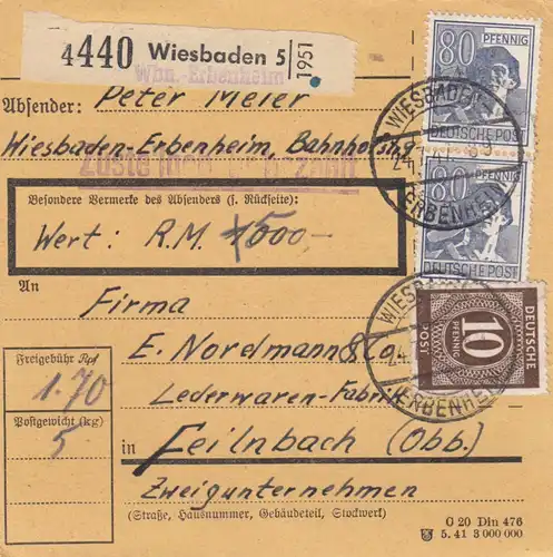 Carte de paquet 1947: Wiesbaden-Herbenheim vers Feilnbach, carte de valeur, Ledewaren