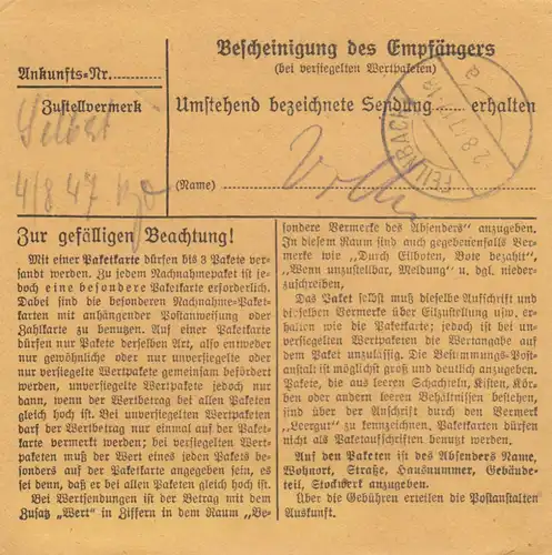 Paketkarte 1947: Wiesbaden-Erbenheim nach Feilnbach, Wertkarte, Ledewaren