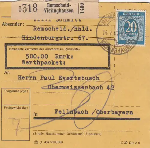 Paketkarte 1947: Remscheid-Vieringhausen nach Feilnbach, Wertkarte