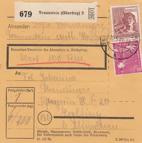 Paketkarte 1948: Traunstein nach Eglfing, Wert 100 RM