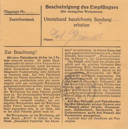Paketkarte 1948: Traunstein nach Eglfing, Wert 100 RM