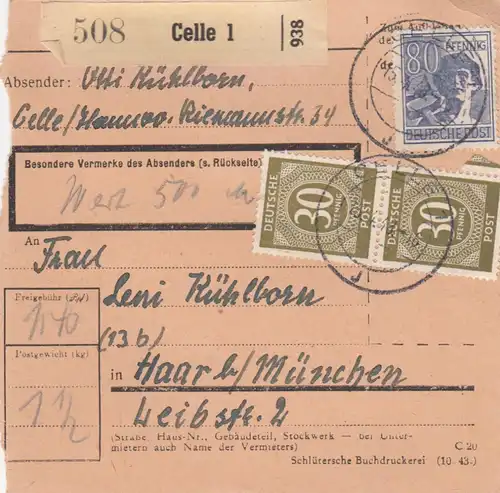Paketkarte 1948: Celle 1 nach Haar bei München, Wertkarte